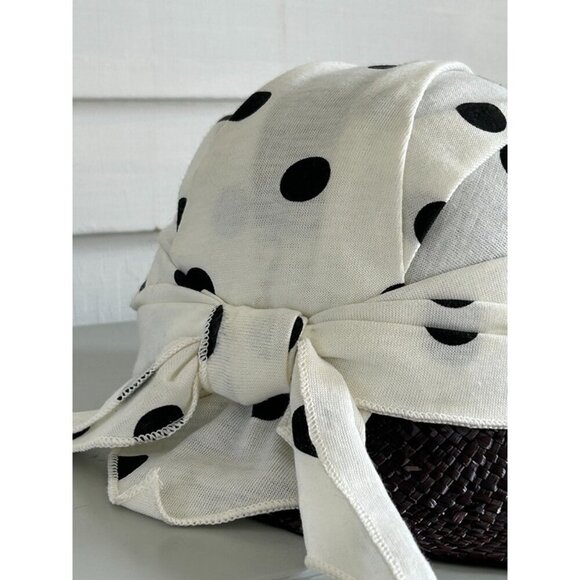 Neiman Marcus Women's White Black Polka Dot Woven Straw Cap Hat with Scarf Bow - Picture 3 of 7